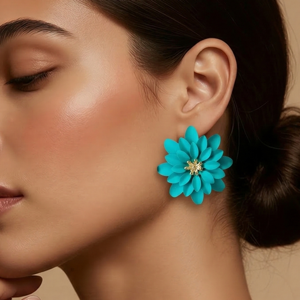 Turquoise Chrysanthemum Flower Stud Earrings Bold Floral Statement Teal Blue